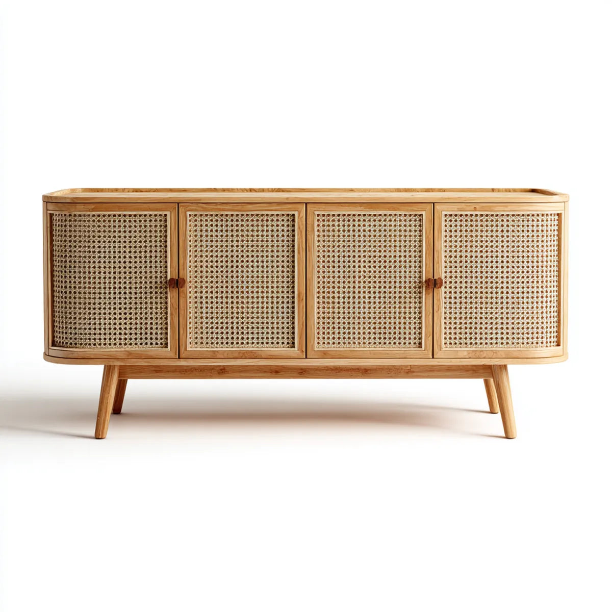 Sideboard mit 4 Türen Natur 160 x 40 x 80 cm aus Mangoholz und Rattan