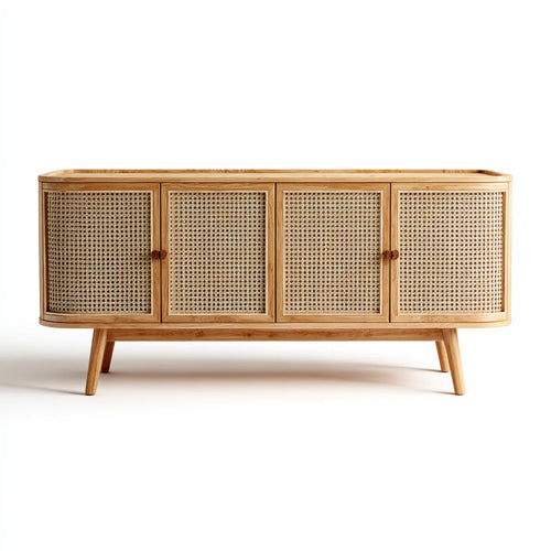 Sideboard mit 4 Türen Natur 160 x 40 x 80 cm aus Mangoholz und Rattan