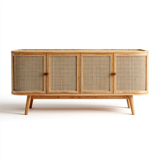 Sideboard mit 4 Türen Natur 160 x 40 x 80 cm aus Mangoholz und Rattan